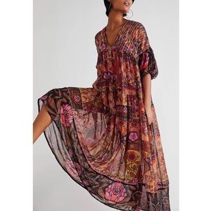 Free People Too Much To Dream M Brown Pink Floral Tiered Beads Embellished Maxi